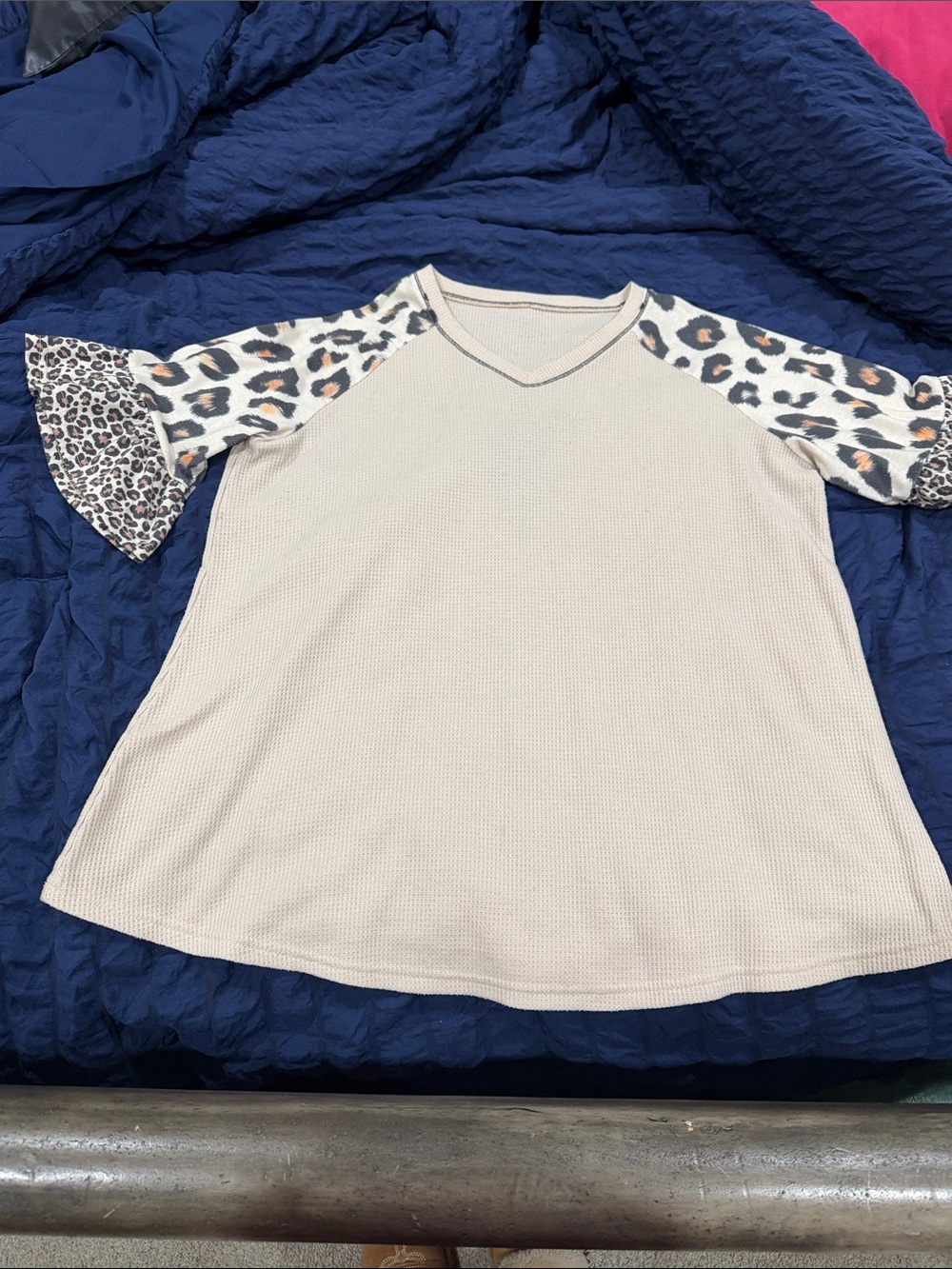 Women’s Beige Waffle Knit Top with Leopard Print Sleeves